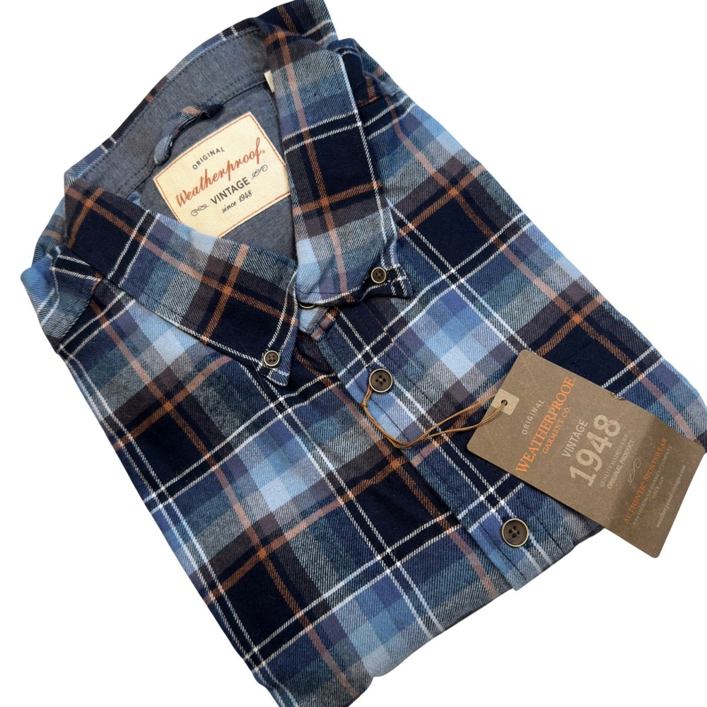 Weatherproof Vintage Shirt Mens XL Navy Plaid Flannel Button‎ Down NWT